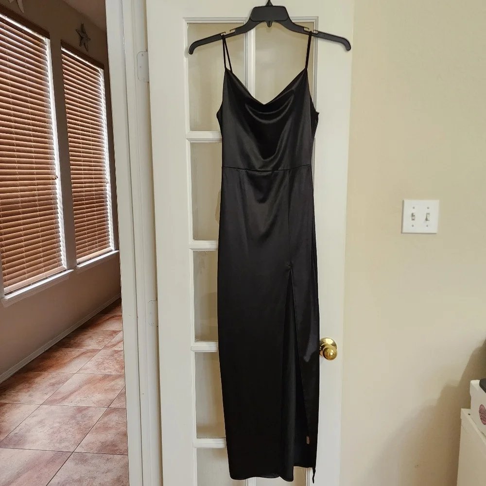 Vibe Sportswear Black Satin Slip Dress Cowl Neck Side Slit Y2K Minimalist 90s